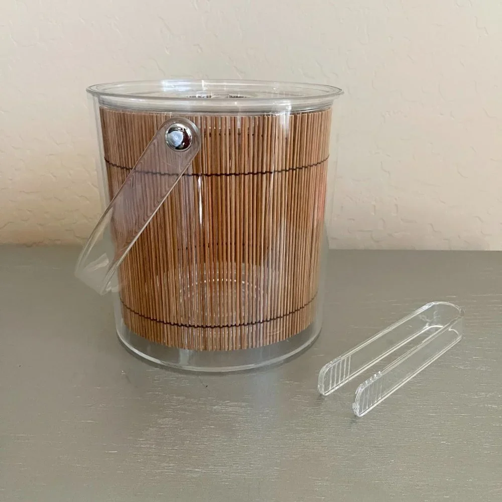Clear Lucite Bamboo Tiki Ice Bucket With Handle Includes Matching Tongs